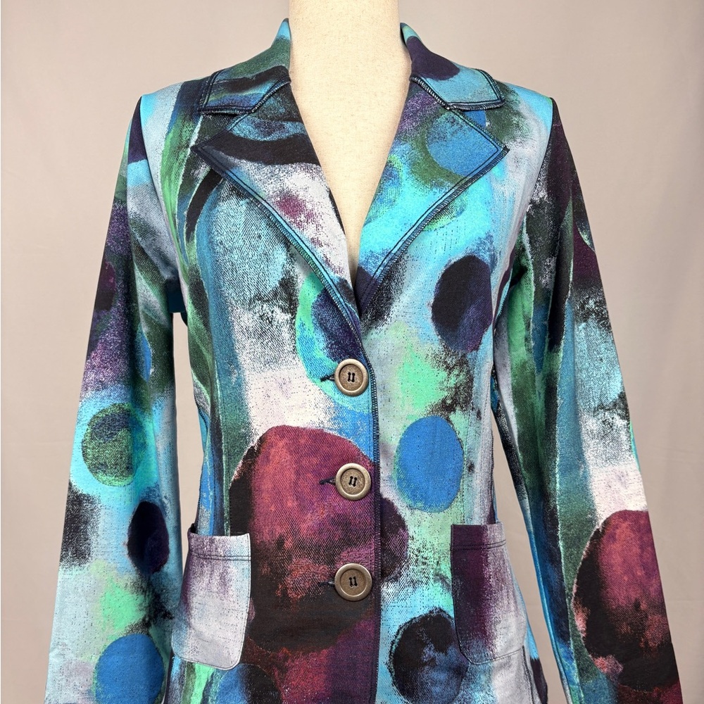 Dolcezza Abstract Art Print Blazer Jacket Blue Green Button Front - Picture 1 of 6